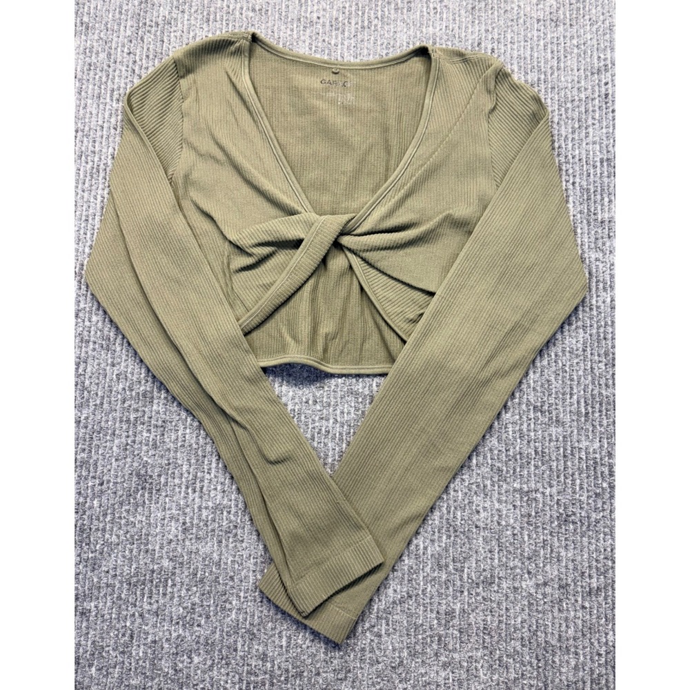 Garage Women Olive Green Ribbed Twist Front V-Neck Long Sleeve Crop Top Large